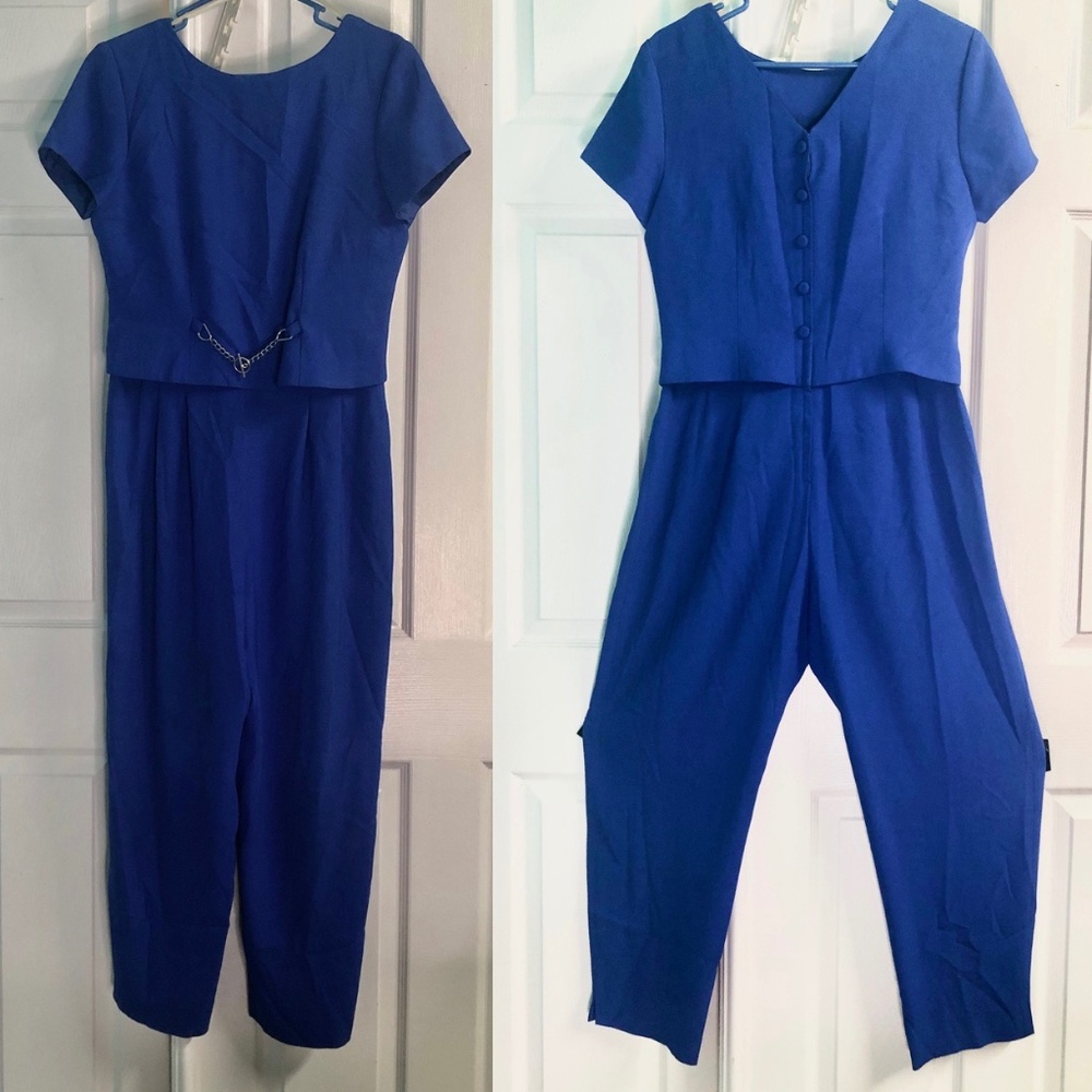 VTG 90s Liz Claiborne Royal Blue Preppy Short Sleeve Dressy Pants Jumpsuit 10P